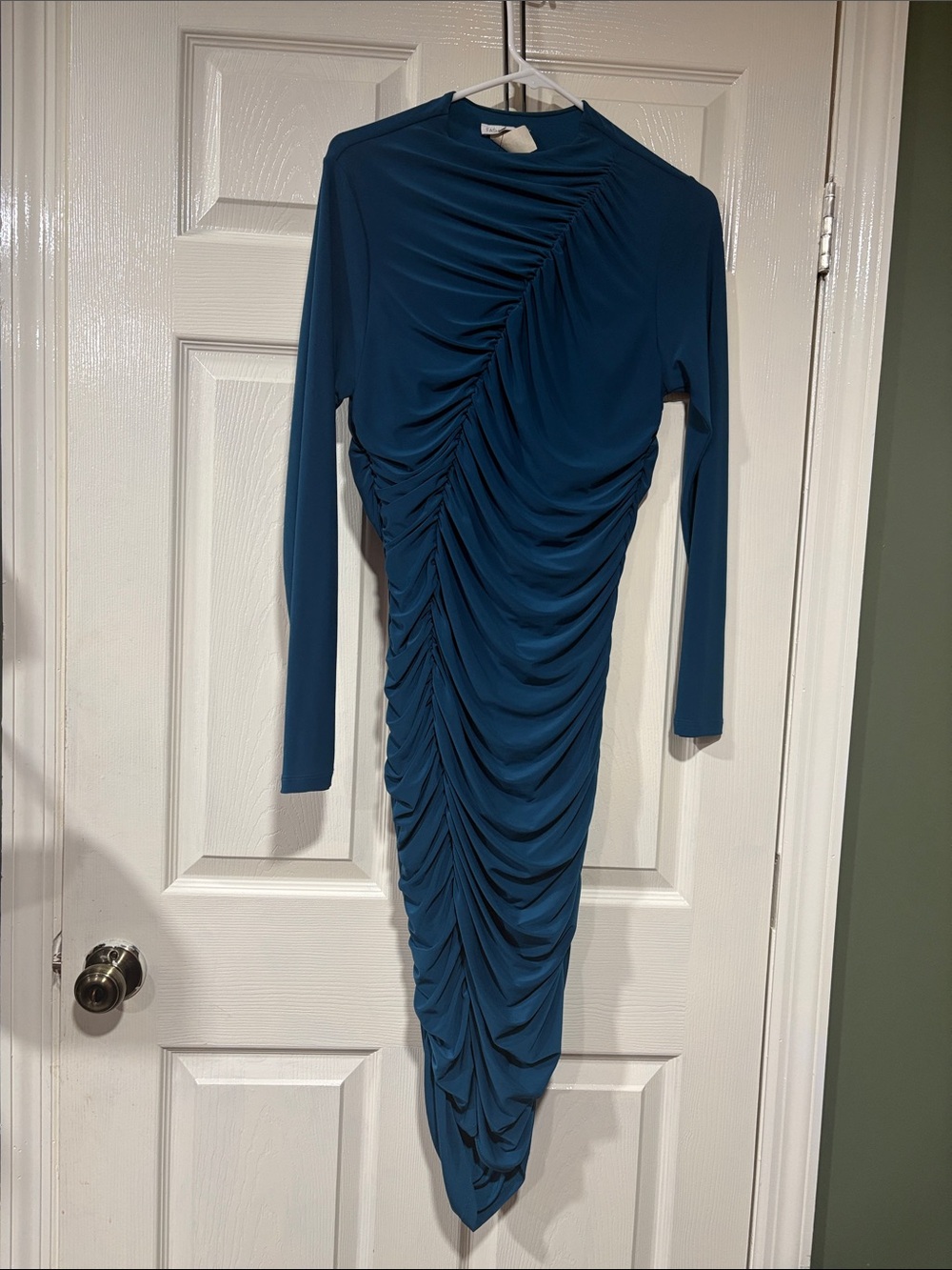 Fashion Nova Teal Ruched Asymmetric Long-Sleeve Midi Dress